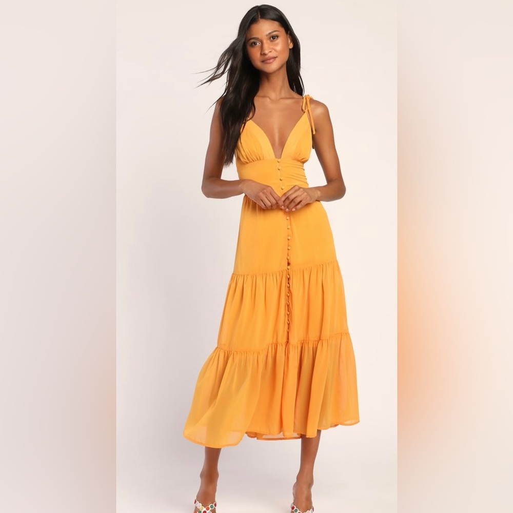 LULU’S- Everlasting Sight Orange Tie-Strap Midi Dress